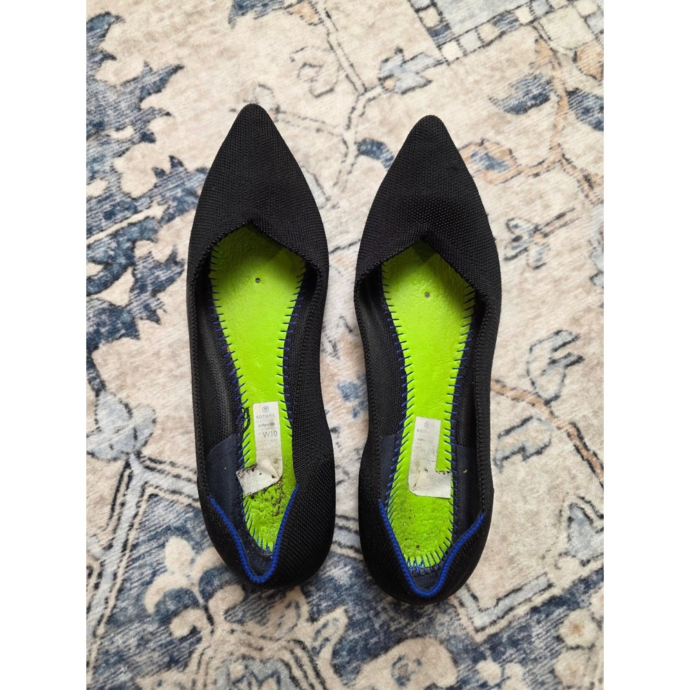 Rothy's Black Pointed Flats with Neon Green Insole